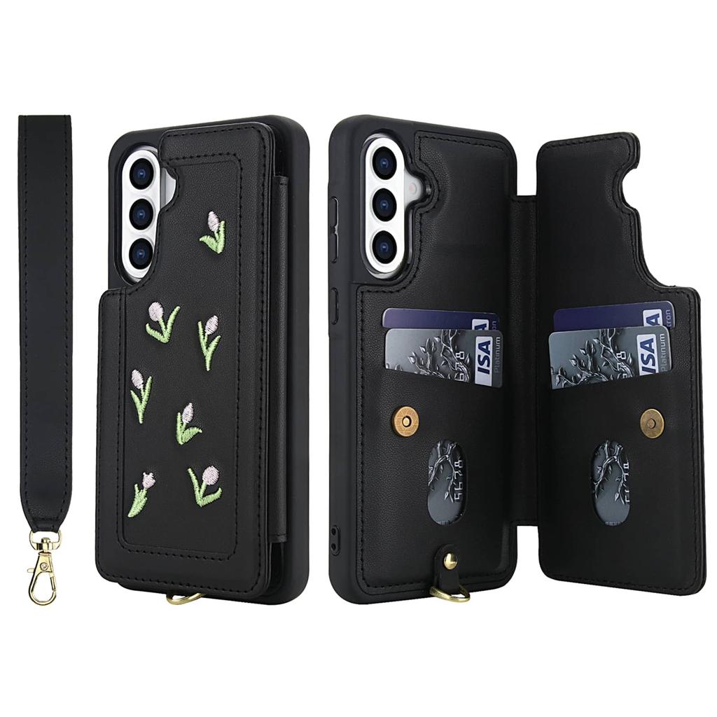 Flip Shockproof Case for Samsung Galaxy A14 A34 A54 A15 A35 A55 A16 A36 A56 Stereo Flower with Lanyard Kickstand Wallet Case