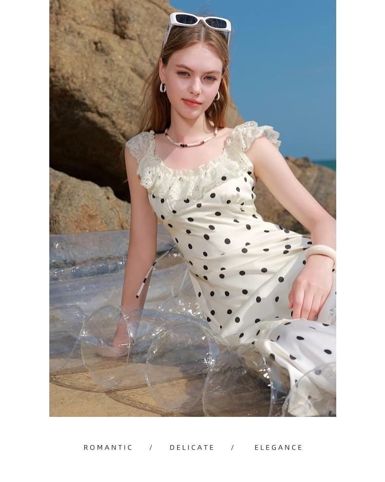 Elegant French White Polka Dot Suspender Dress - Summer 2025 Waist-Cinching Slimming Design