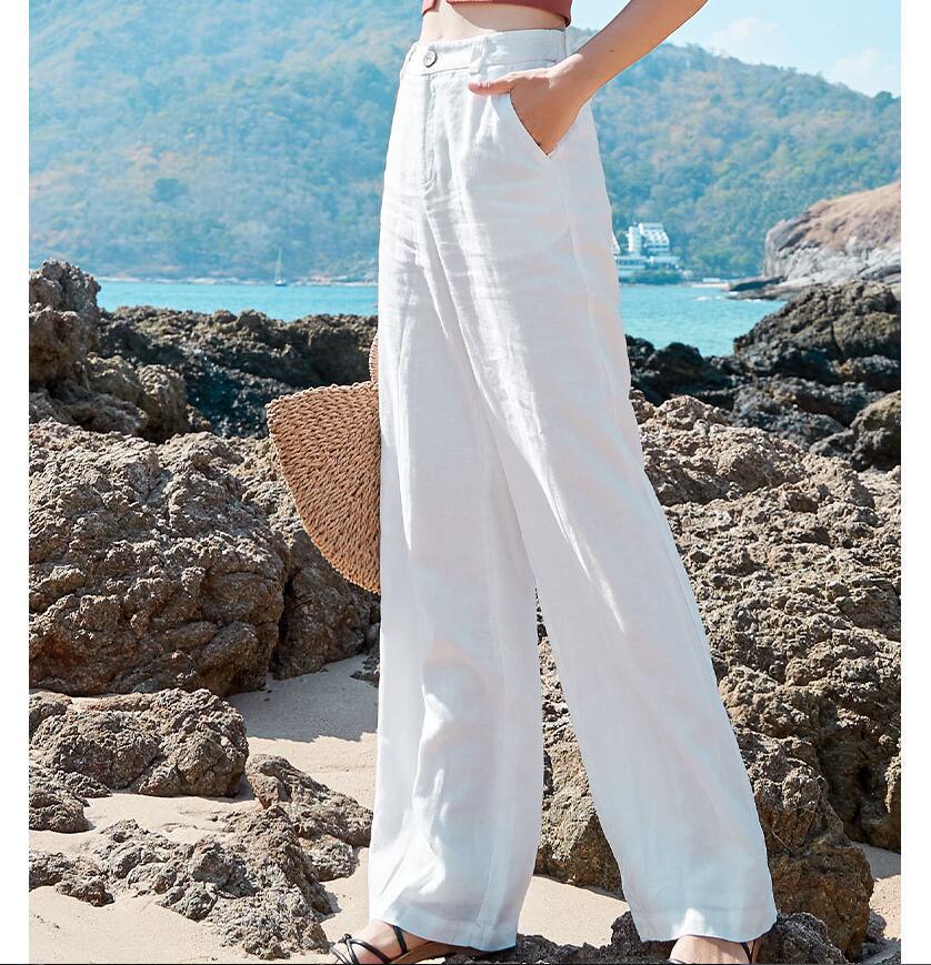 

Женские льняные брюки широкого кроя с высокой талией — легкие, облегающие и повседневные летние брюки Medium