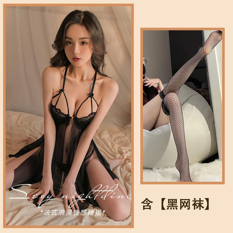 Sexy passion mesh perspective pajamas women's suspenders lace loungewear hot temptation hollow nightdress