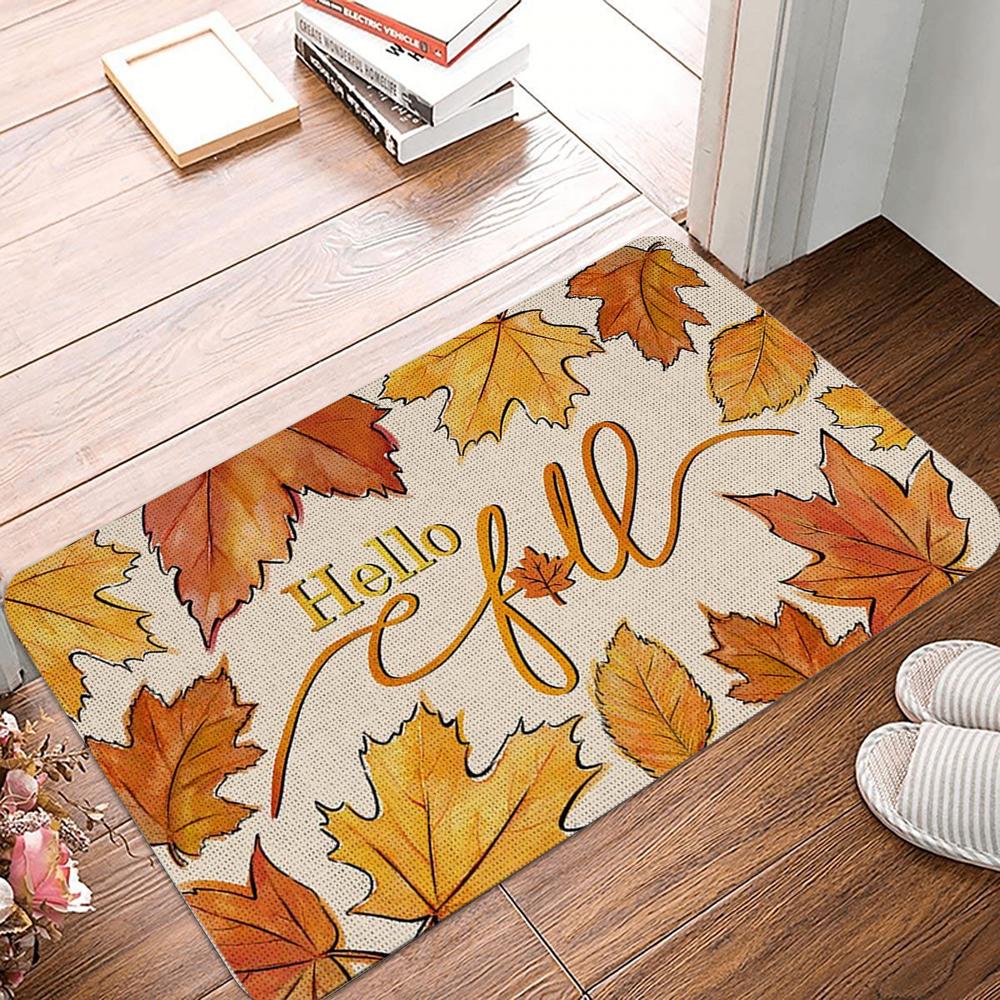 Autumn Theme Door Mat Various Fall Patterns Like Maple Leaves Pumpkins and "Welcome" Letters Non - Slip Floor Mat for Home Decor