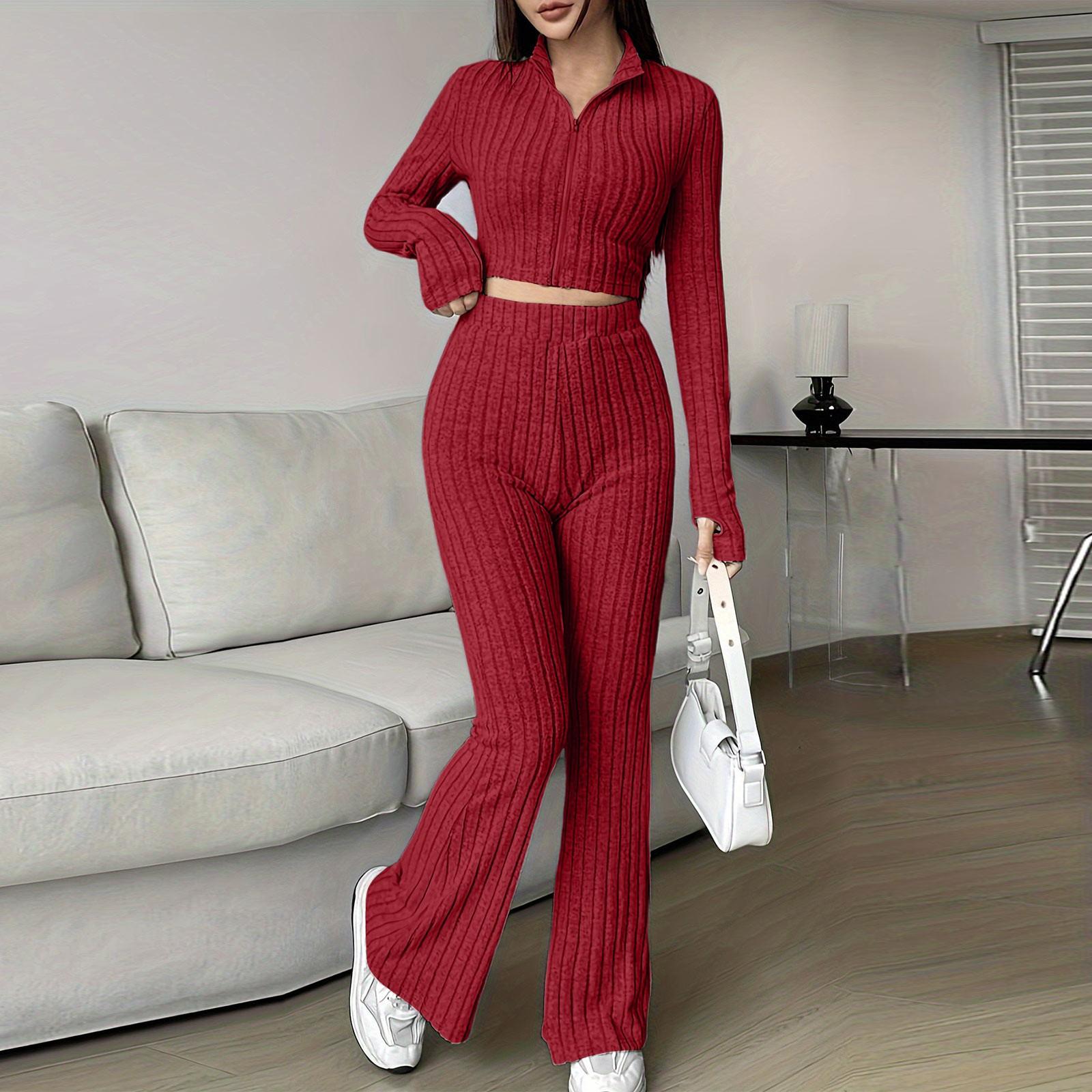 

Женский модный однотонный ребристый костюм из двух частей с застежкой-молнией, коротким топом с длинными рукавами и расклешенными брюками с высокой талией L винный