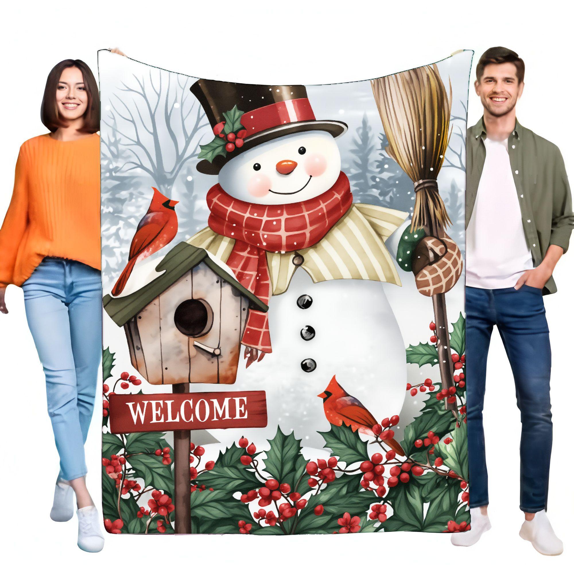 Festive Winter Snowman Blanket Thick Cozy Throw with Cheerful Snowman Design, Red Cardinal and Birdhouse Decoration, Ideal for H Size: 75*100cm, Weight: 230 GSM