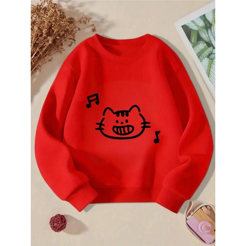 European sizes Kids' Crewneck Sweatshirt - Cute Cat Face with Music Notes , Sportswear And Casual Wear, Soft And Comfortable, Children's Clothing
