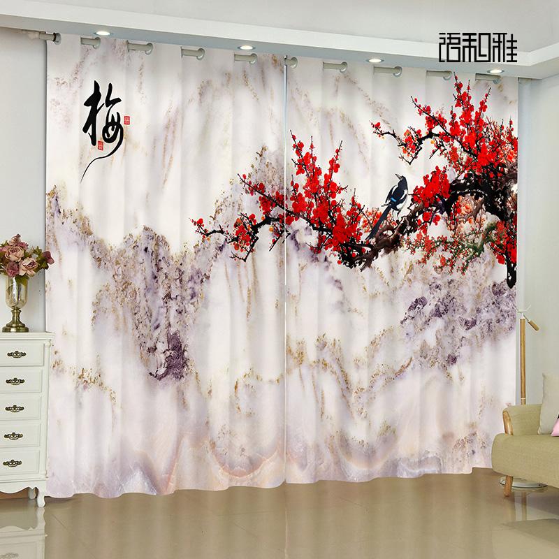 Personalized Chinese Cortinas Drape Fabric Transparent Scenery Flower Bird Plum Blossom Bedchamber Livingroom Space Windowpane Drape 2panels