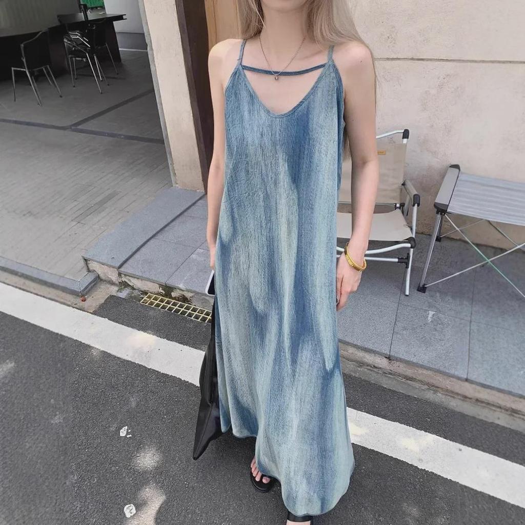 Women's French Tie-Dyed Suspender Dress - Slim and Loose Summer Seaside Beachwear