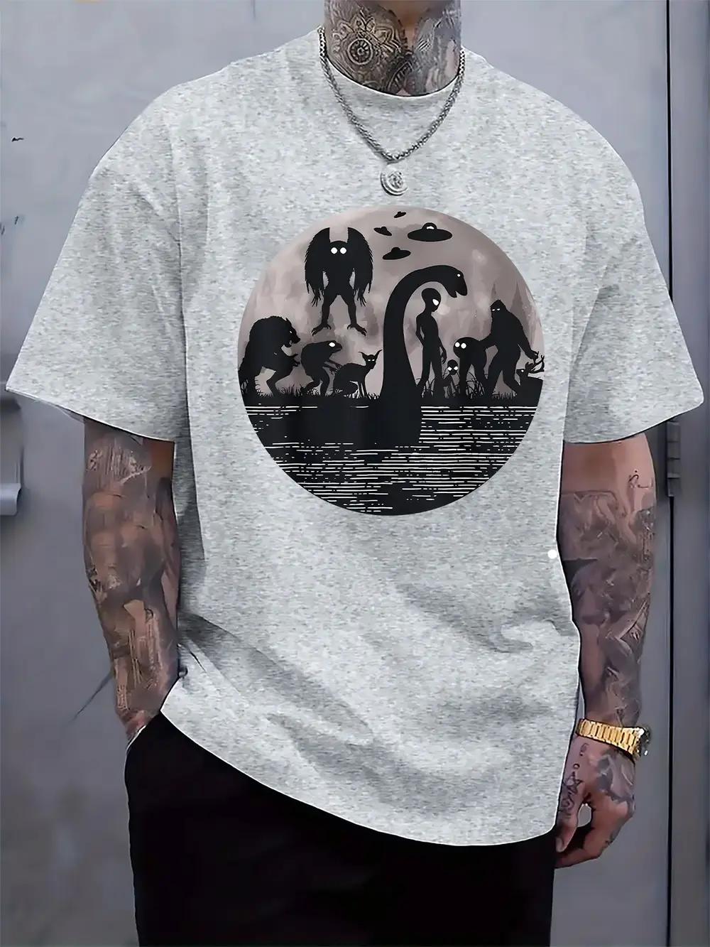 Casual Crew Neck T-shirt with Fantasy Monster Silhouette Print M