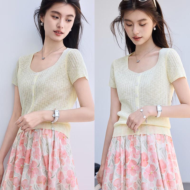 VICTORIA&VERA Women's Dopamine U-Neck Short Sleeve Knit Top