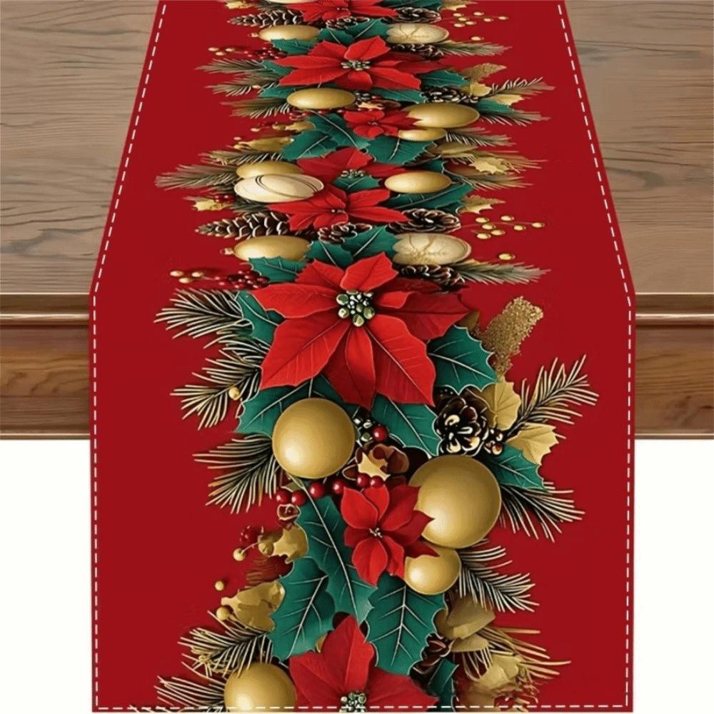 Reindeer Christmas Table Runner Tabletop Decoration Poinsettia Table Runner  Kitchen