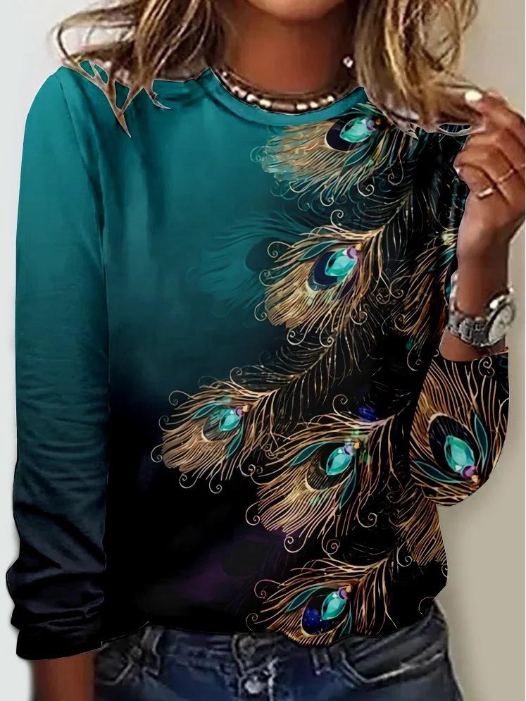 2024 European & American Women's Autumn/Winter Long-Sleeve Printed Round Neck T-Shirt