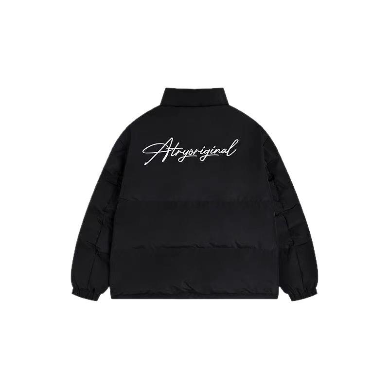 Unisex American Print Cotton Puffer Jacket, Black Stand Collar, Winter-Ready, Thick, Casual Coat