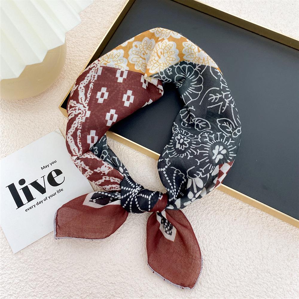 58 Cashew Silk Small Square Scarf: Korean Style Cotton Linen Printed Headscarf and Hairband for Women, Ideal for Spring, Summer, and Autumn.