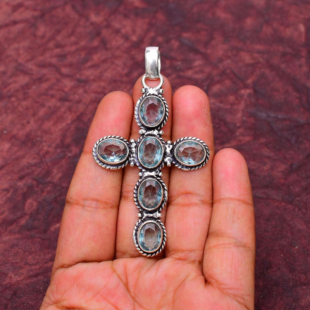 Aquamarine Gemstone Cross Shape Pendant : 925 Sterling Silver Handmade Jewelry Pendant