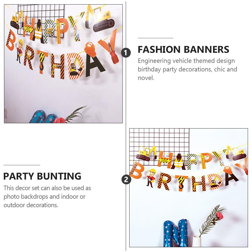 2 Pcs Engineering Car Pull Flowers Happy Birthday Banner Decorations Construction Fornite Ornament Home The Baby