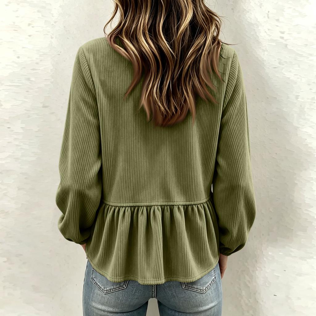 Women's Casual Corduroy V-Neck Ruffle Long Sleeve Top