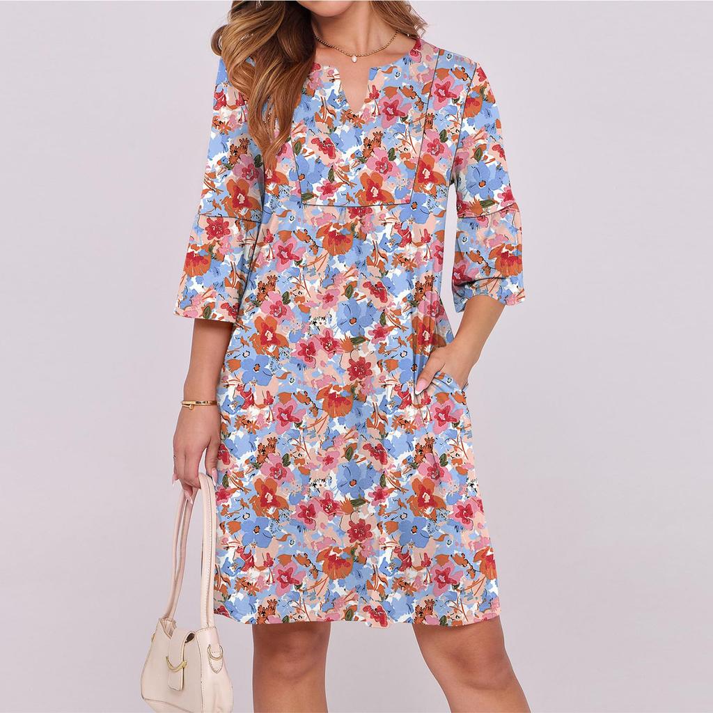 Women's Fashionable V Neck  V-neck Ruffle Sleeves Retro Print Loose Pleated Five Quarter Sleeve Dress