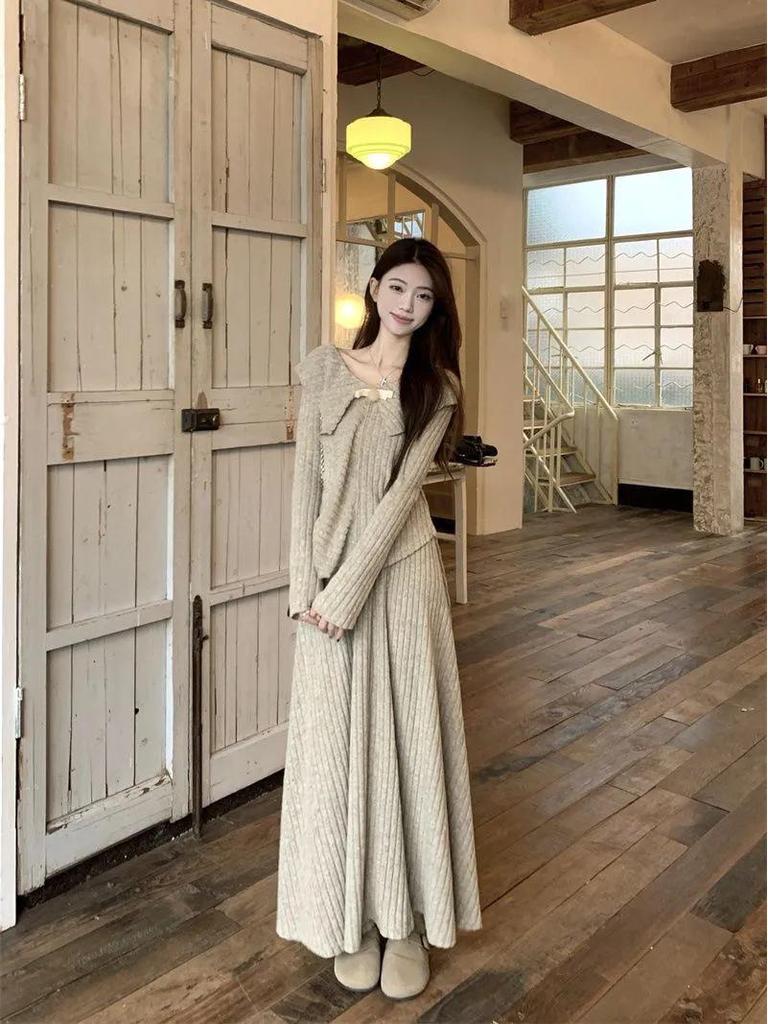 Women's Slimming Knit Two-Piece Set - Irregular French Top & High-Waisted Skirt