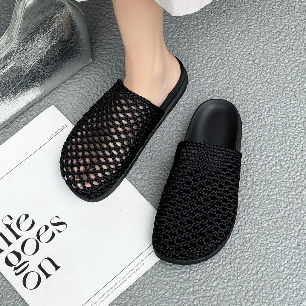 2025 New Leather Hand-woven Retro Bag Head Slippers Wear Thick Bottom Hollow One Pedal Lazy Sandals Woman