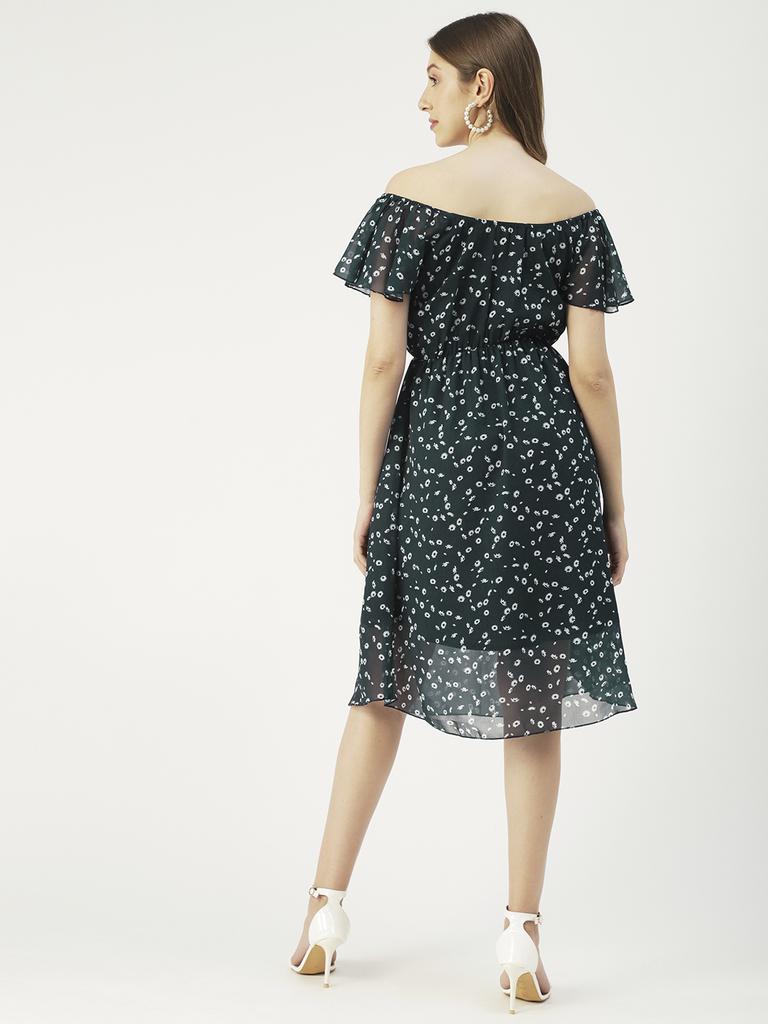 Moomaya Printed Off-Shoulder Poly Georgette Midi Dress Cinched Long Dress