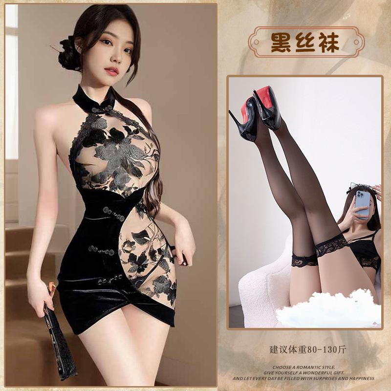 Sex underwear sexy lace neck embroidery perspective temptation backless velvet hip-wrapped cheongsam set