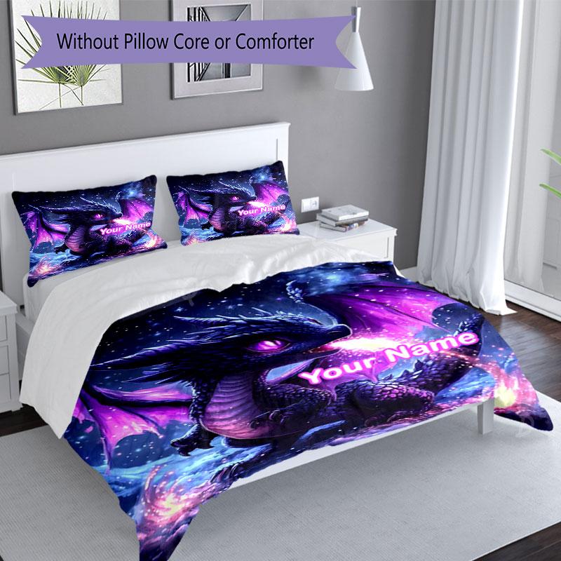 3PC Custom Name Purple Dragon Fantasy Bedding Set Duvet Cover Closure Includes 1 Duvet Cover & 2 Pillowcases for Bedroom