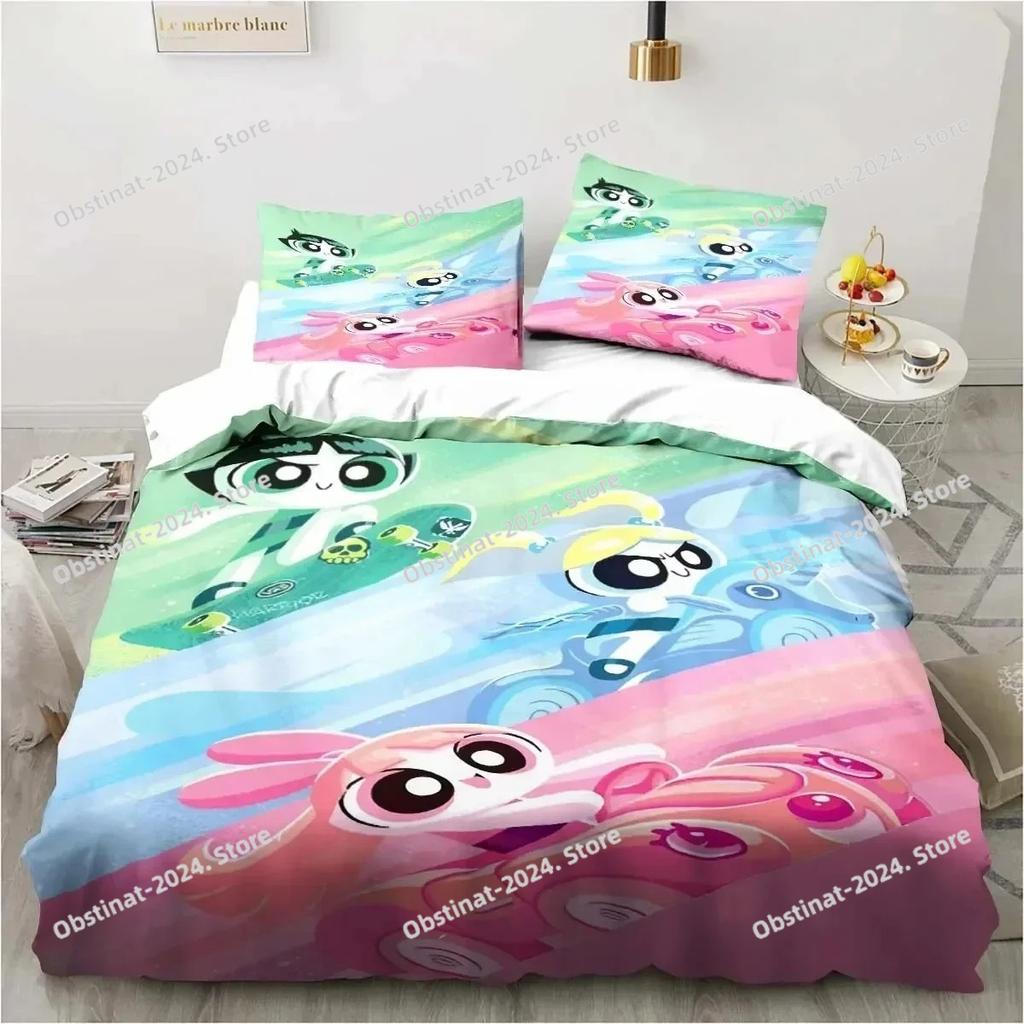 3D Anime Powerpuff Cute Grils Cartoon Bedding Set Printed Duvet Cover Sheet Pillowcase Bed Soft Quilt Cover Full Queen King Size