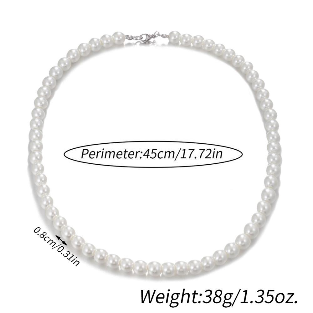 Men's Single Layer Pearl Necklace - Round Beaded Stainless Steel Clavicle Chain