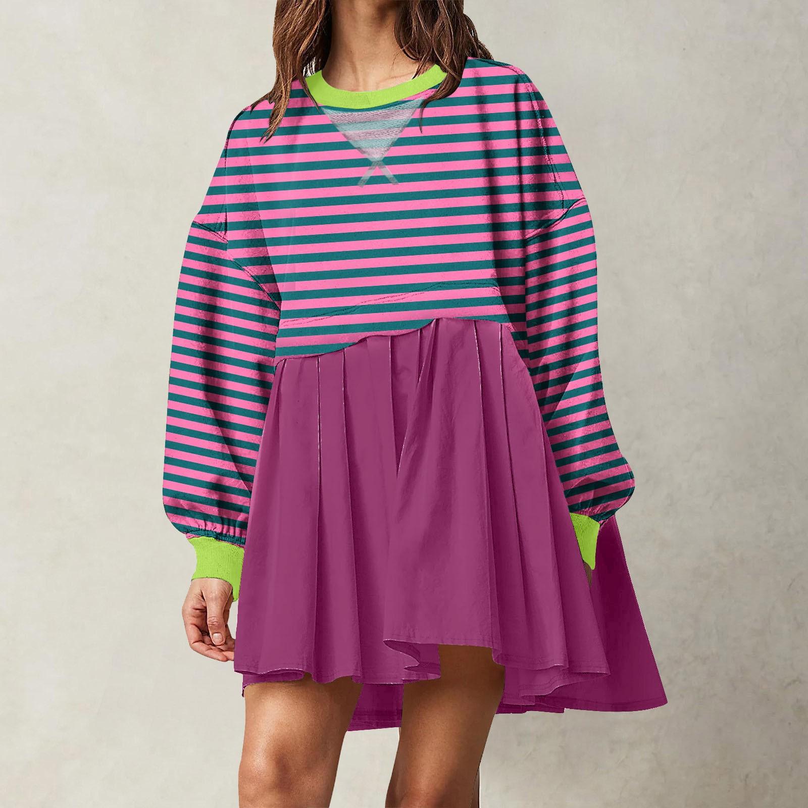 Женское модное повседневное платье с цветными блоками и полосатым принтом — фото 8