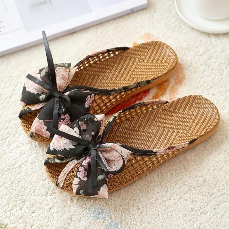 Новые льняные тапочки с бантом домашние милые корейская версия мягкая подошва для пола нескользящие комнатные дышащие бесшумные летние 24035-36 чёрный 2828₽