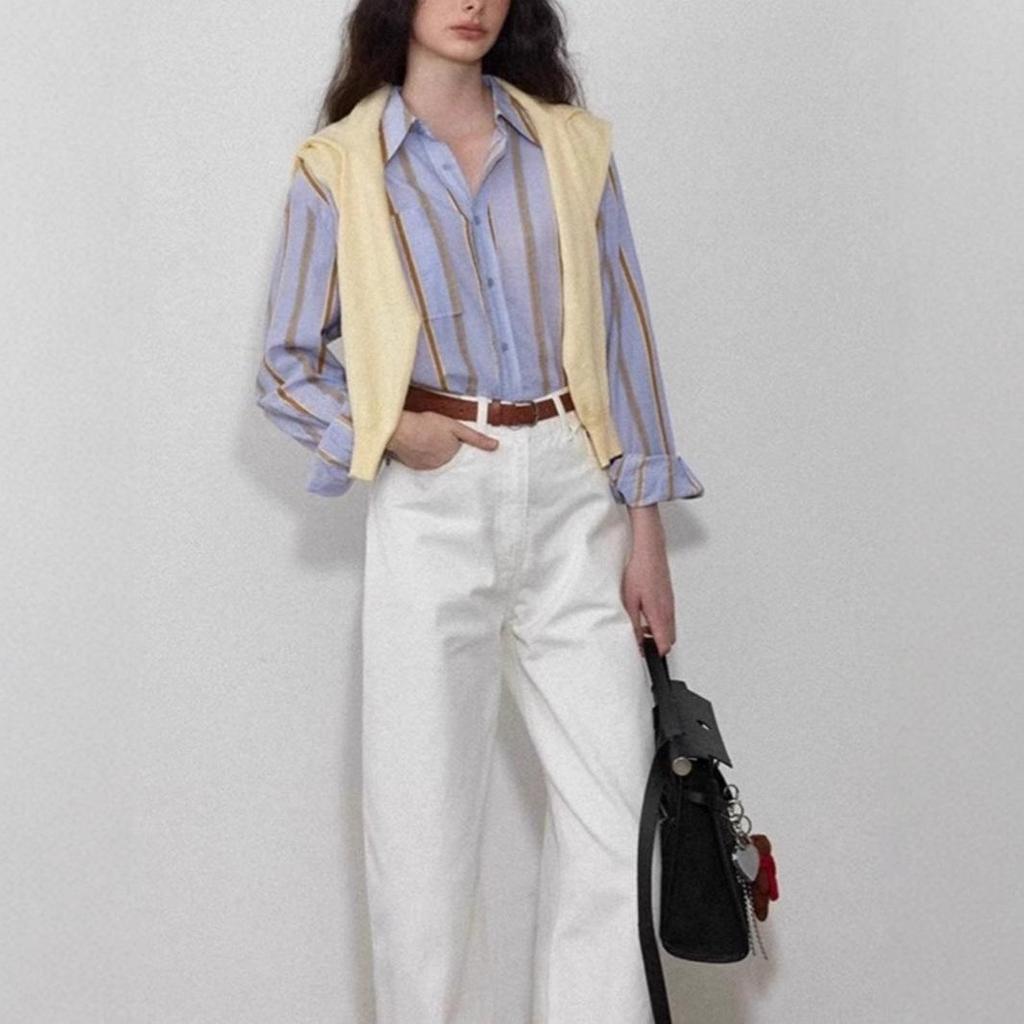 Women's Striped Loose Lapel Shirt - Sea Salt & Sweet Orange