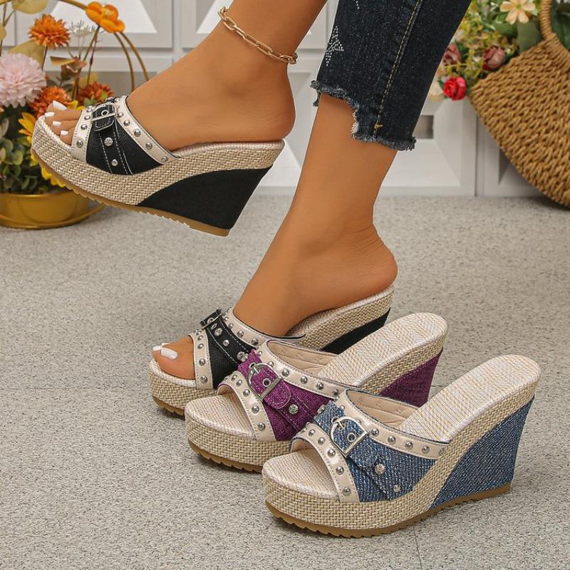 Women's Slip-On Wedge Round-Toe Slide Sandals, Versatile Anti-Slip Casual Footwear, Available In Large Sizes.