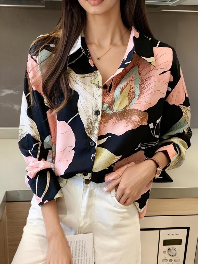 2026 Trendy Women's Long Sleeve Printed Shirt - European & American Style, Versatile Loose-Fit Top