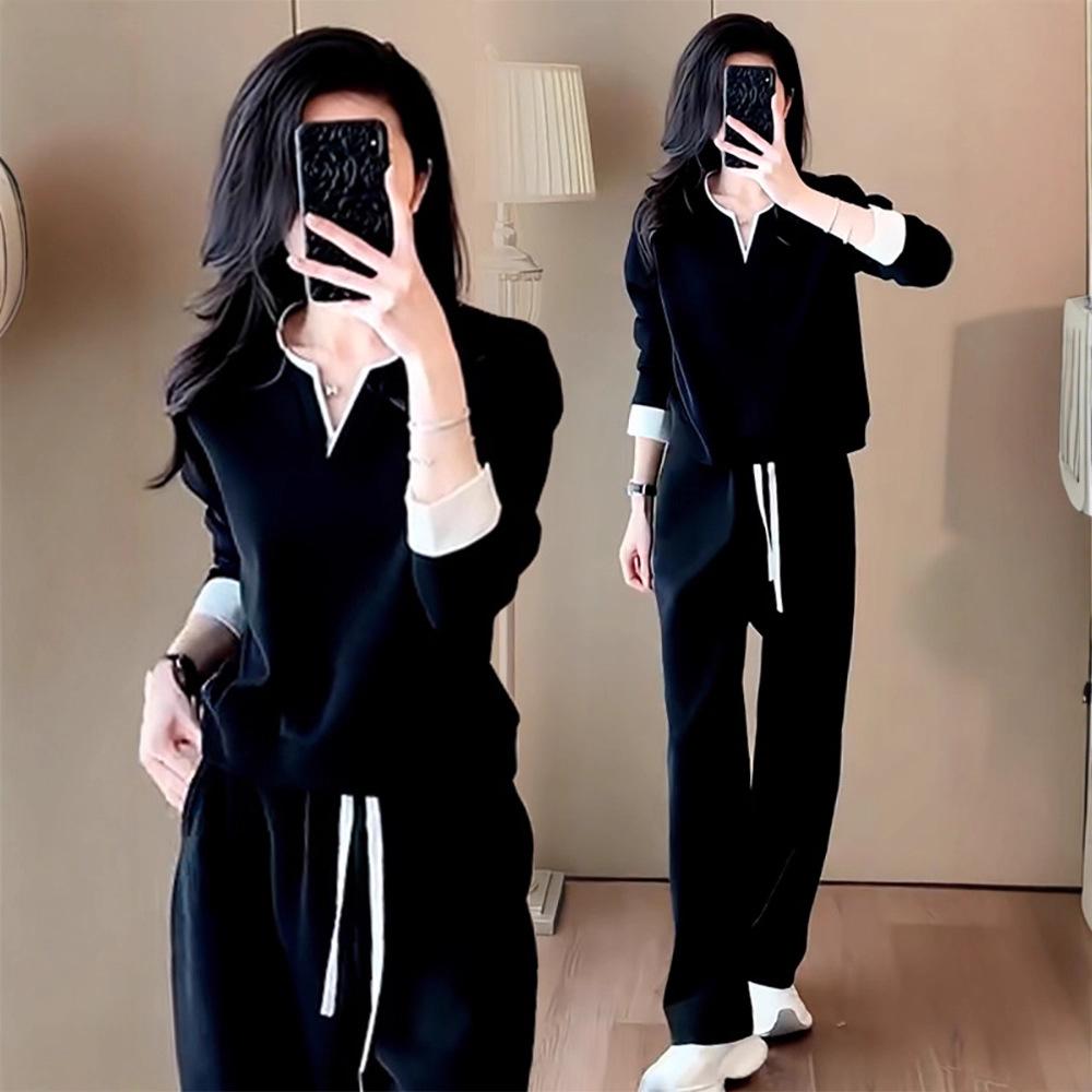 2025 Spring Women's Casual Sports Set: Fashionable Slimming Sweatshirt & Wide Leg Color Block Two-Piece