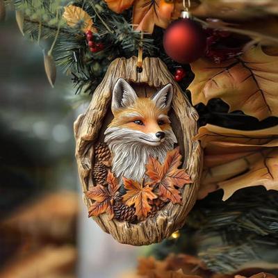 Fox Christmas Ornament 2D Acrylic Forest Animal Hanging Decoration Fox In Tree Hole Holiday Ornament for Xmas Tree Animal Lovers