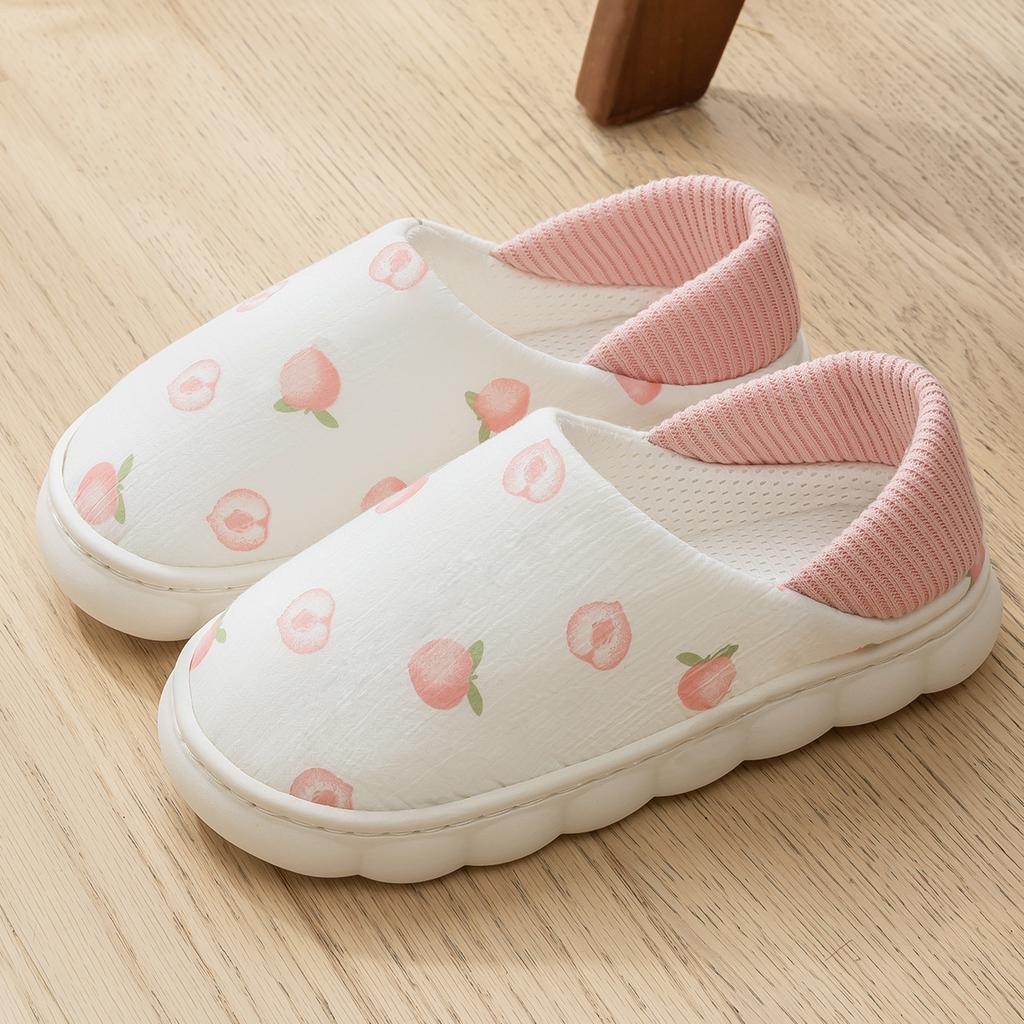 Women Cotton Slippers Plush Warm Flat Slides Breathable Non-slip Slippers