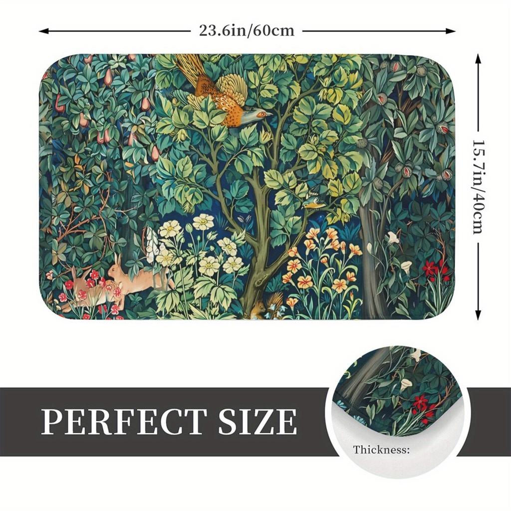 Woodland Scene Doormat – Vintage Botanical Rug with Pheasant, Squirrel HareNon-Slip Indoor Floor Mat for Entryway Living Room