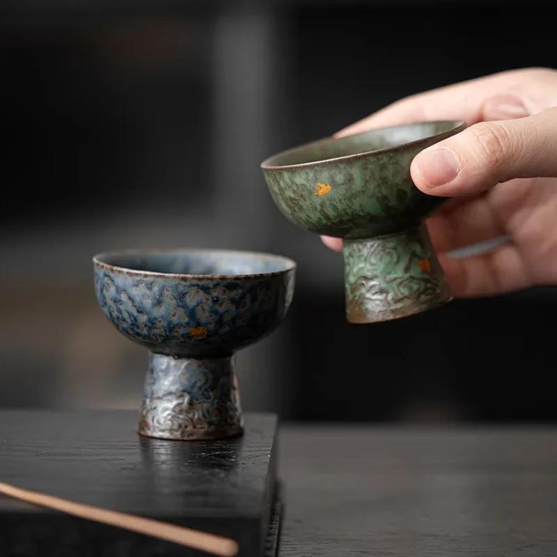 Empty Zhai Old Rock Clay Goblet Silver Gilded High Foot Master Cup Bronze Glaze Ceramic Teaware Tea Cups Japanese Cup Tea Bowl