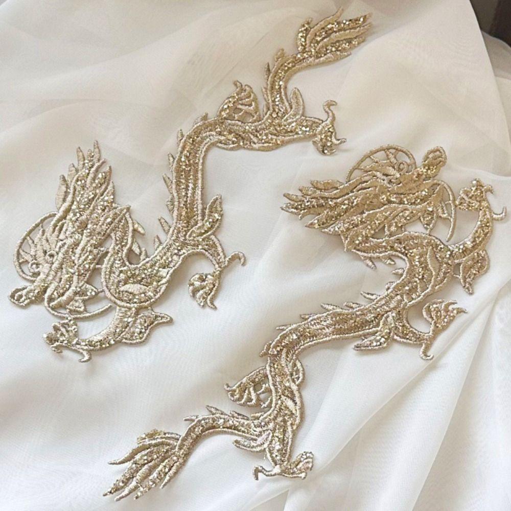 2 Pieces Sequin Decoration Embroidered Dragon Cloth Patch Chinese Style Sew On Patch  Bridal Gown