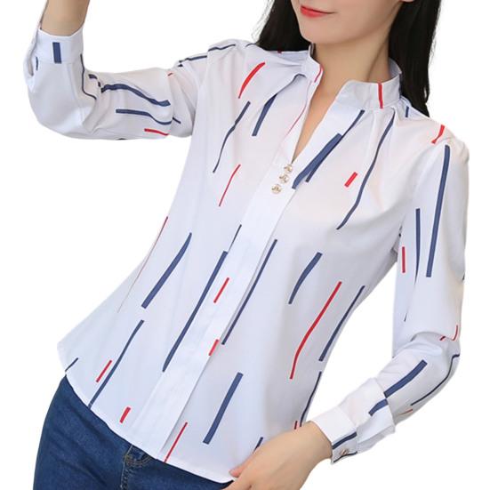 

Stand Collar V-Neck Long Sleeve Buttons Decor Pullover Shirt Fashion Irregular Geometry Print Shirt Blouse Female Clothing M різнокольоровий