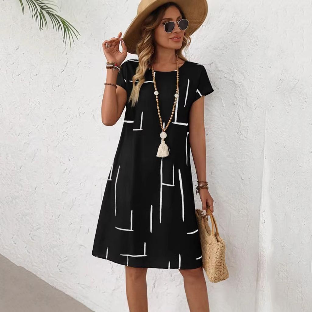 Women Casual Loose Short Sleeve Dress Summer Comfortable Knee Length A Line Dress Lightweight Breathable Fabric Simple Geometric Print