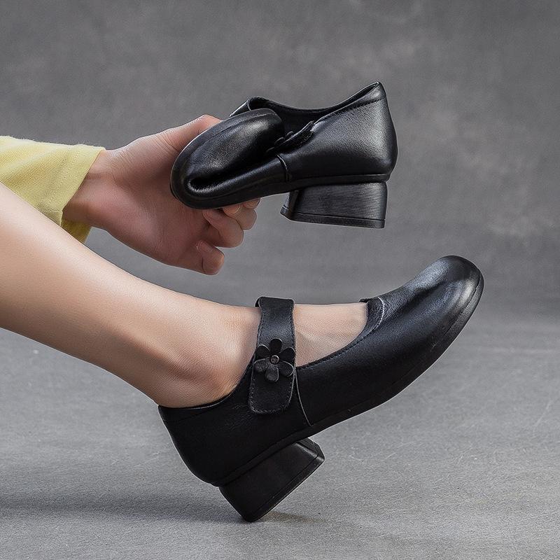 Fashion 2025 Autumn New Retro Mom's Shoe Head Layer Leather Single Shoes Comfortable Round Head Women's Shoes