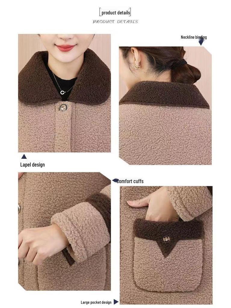 Dámský kabát z jehněčí vlny a sametu plus size - Teplá, zesílená fleecová bunda pro maminky středního věku