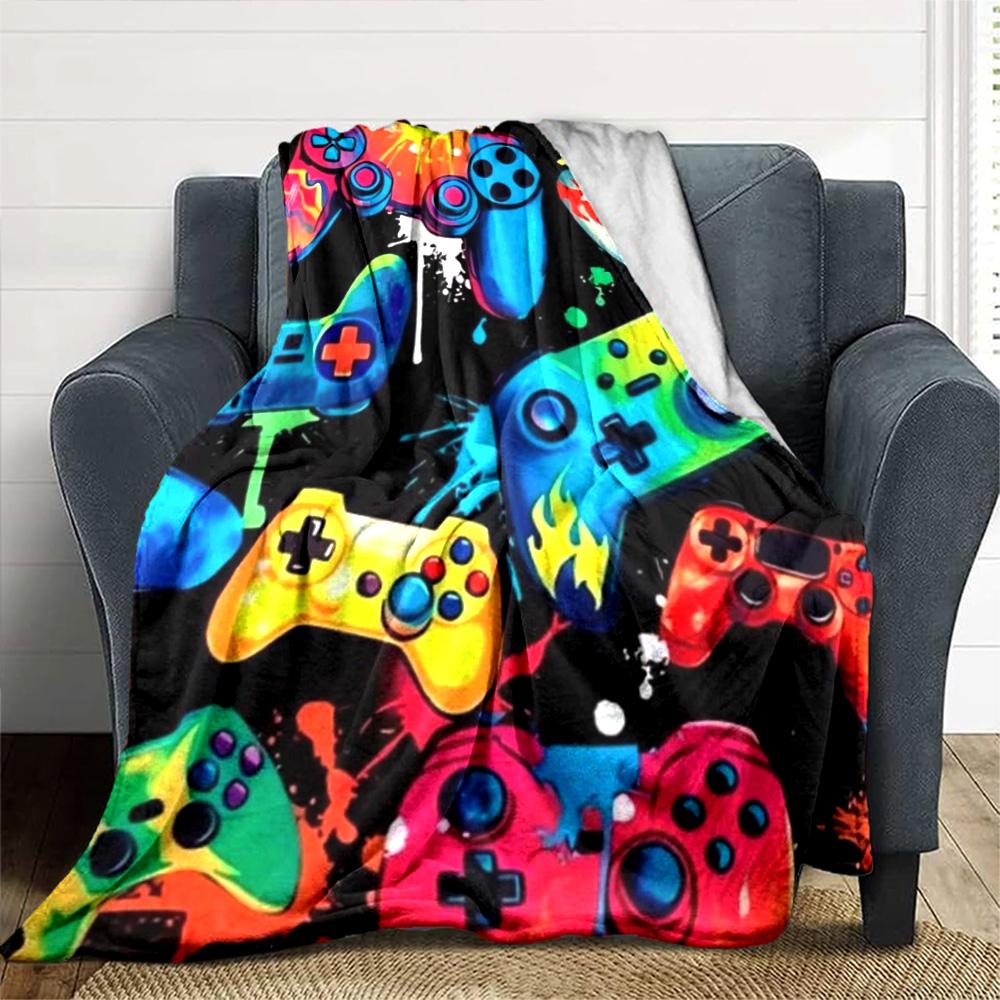 Colorful Game Controller Graffiti Splash Print Flannel Blanket Black Background Gaming Graphic Soft Throw Blanket Gamer Bedroom Home Decor