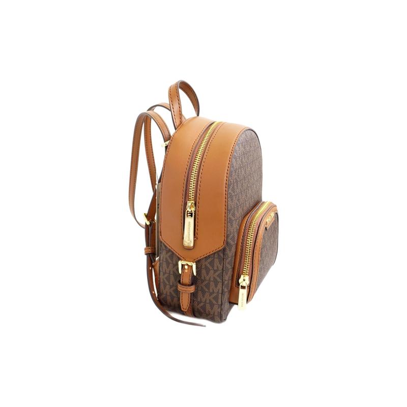 Michael Kors Jaycee Gold Letter Logo All-over Printing Leather School Bag Backpack Backpack Small Size Women's Brown