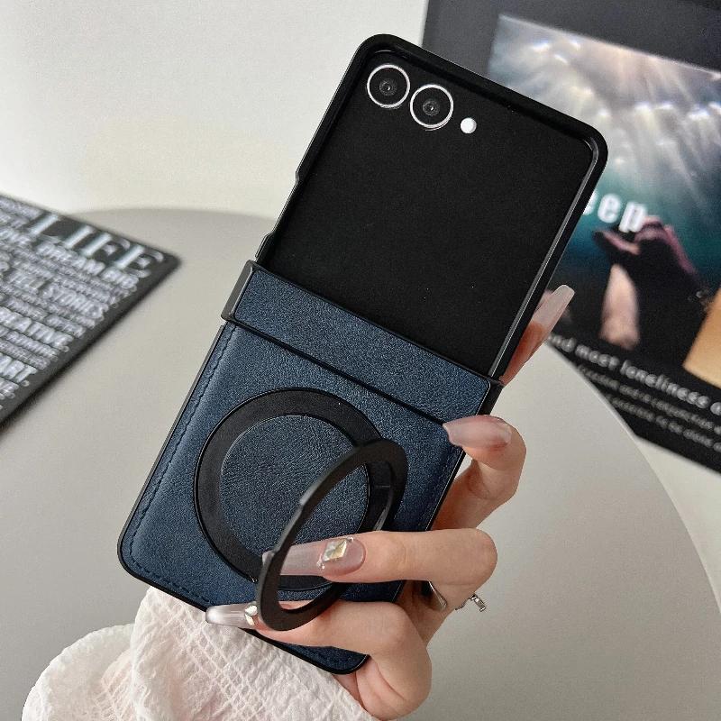 Business Sle Magnetic Rotating Holder Phone Case for Samsung Galaxy Z Flip3 4 5 6 7 Leather 3-piece Hinge Set Anti-Scratch Cover