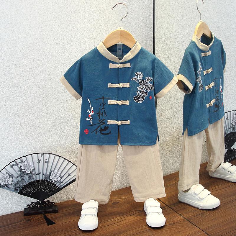 Completo Estivo da Ragazzo a Maniche Corte Stile Cinese per Bambini Hanbok Bello Completo Tang Cotone Lino Sezione Sottile di Abbigliamento Antico