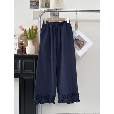 Summer Thin Wood Ear Lace Versatile Elastic Waist Straight-leg Polka Dot Solid Color Wide-leg Casual Pants Trendy