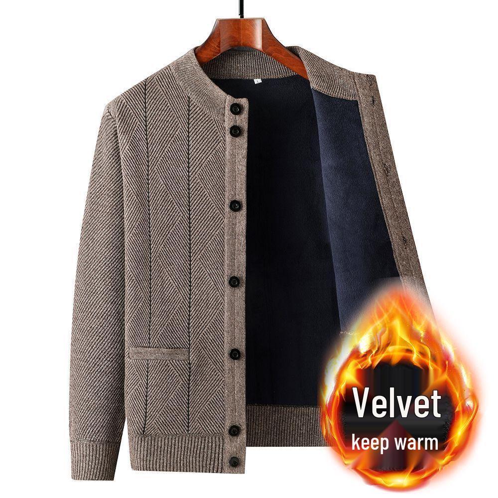 Men's V-Neck Thick Fleece Cardigan: Warm Knitwear for Dad and Grandpa