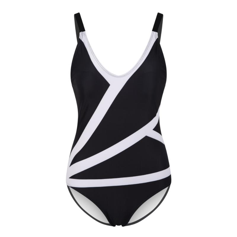 Women's Black & White Color Block One Piece Swimsuit - V-Neck Adjustable Strap Mesh Panel Beachwear