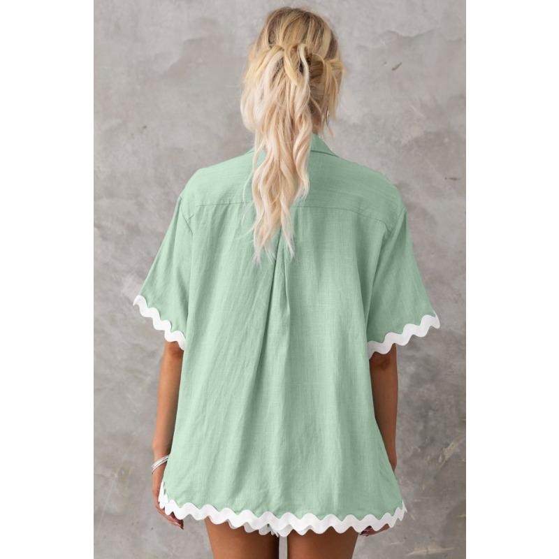 VEZFAA Damenmode Lässig Sommer Frühling Spitze Druck Kurzarm POLO-Kragen Hosenanzüge